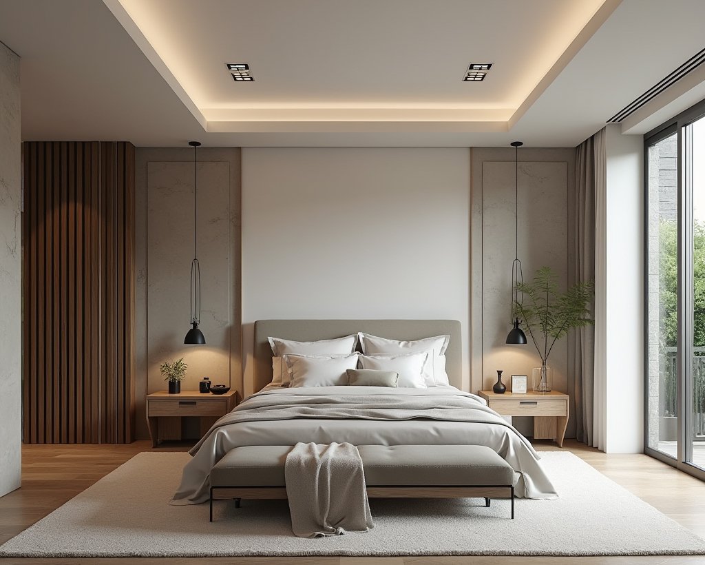 Modern Guest Bedroom Design with Wooden Side Table and Beige Wall