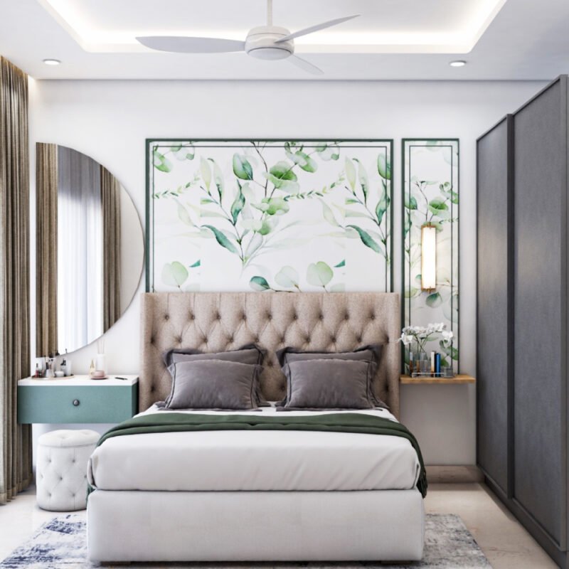 Contemporary Guest Bedroom Design with Tufted Bed and Botanical Wallpaper