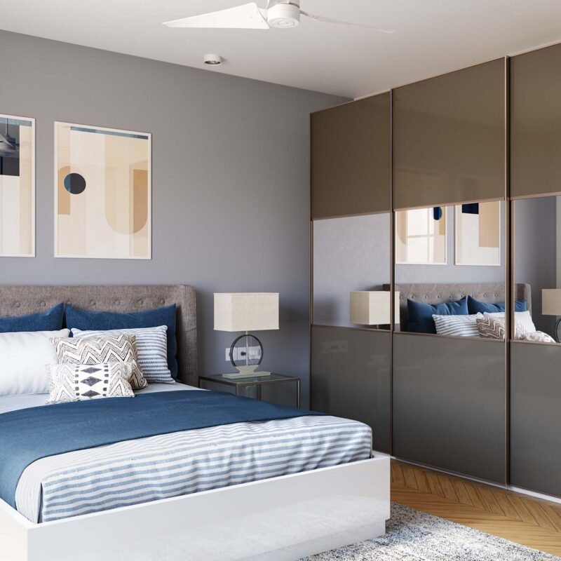 Contemporary Guest Bedroom Design with Queen Bed and Grey Wall