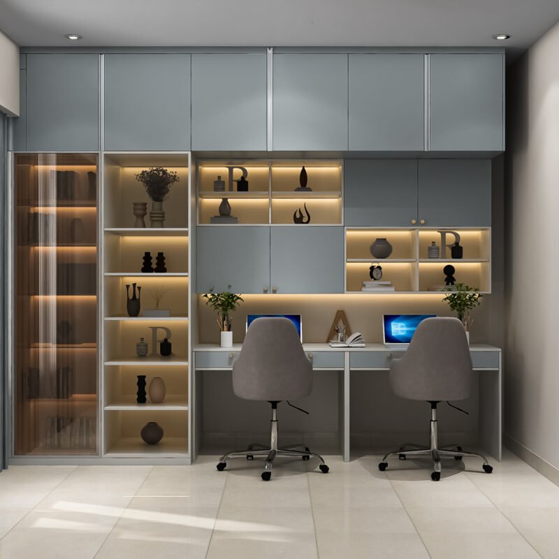 Contemporary Home Office Design with Tall and Open Unit