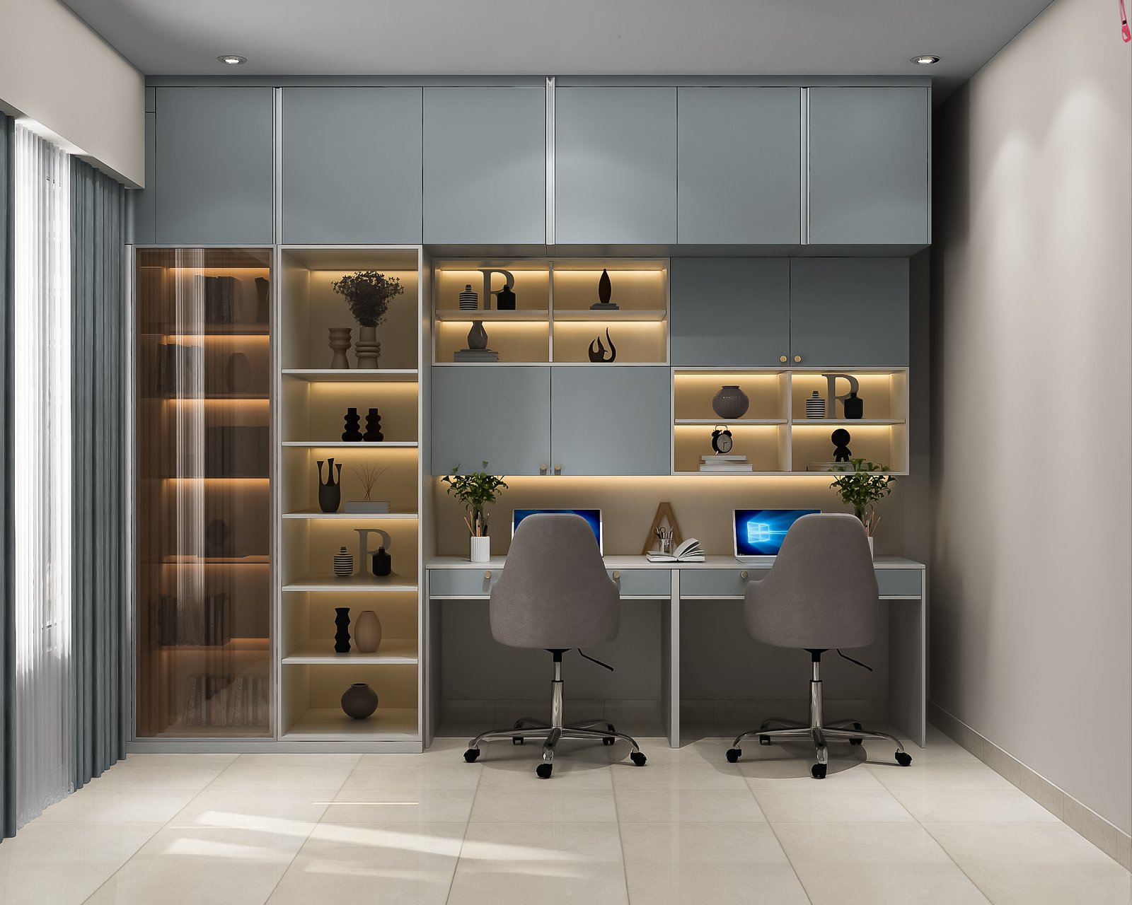 Contemporary Home Office Design with Tall and Open Unit