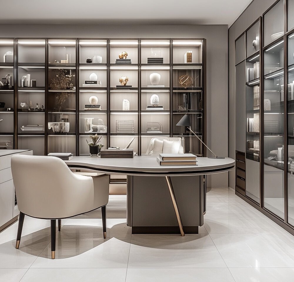 Modern Home Office Design with Table Unit Tall Unit and Open Unit