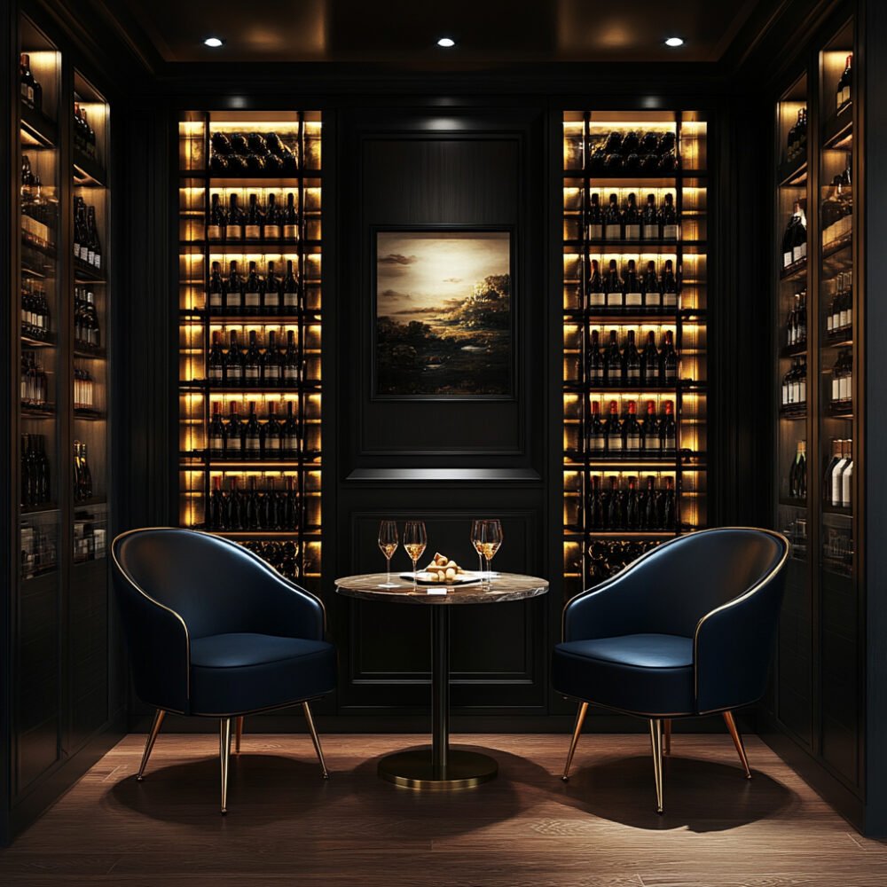 Classic Home Bar Design with Black Interior and Gold Accents