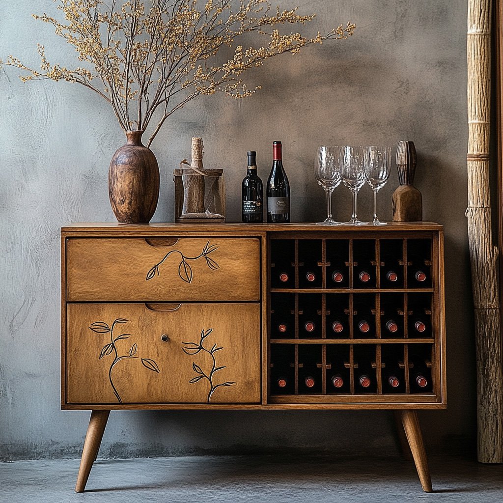 Mid-century Modern Home Bar Design with Floral Accents and Black Drawers
