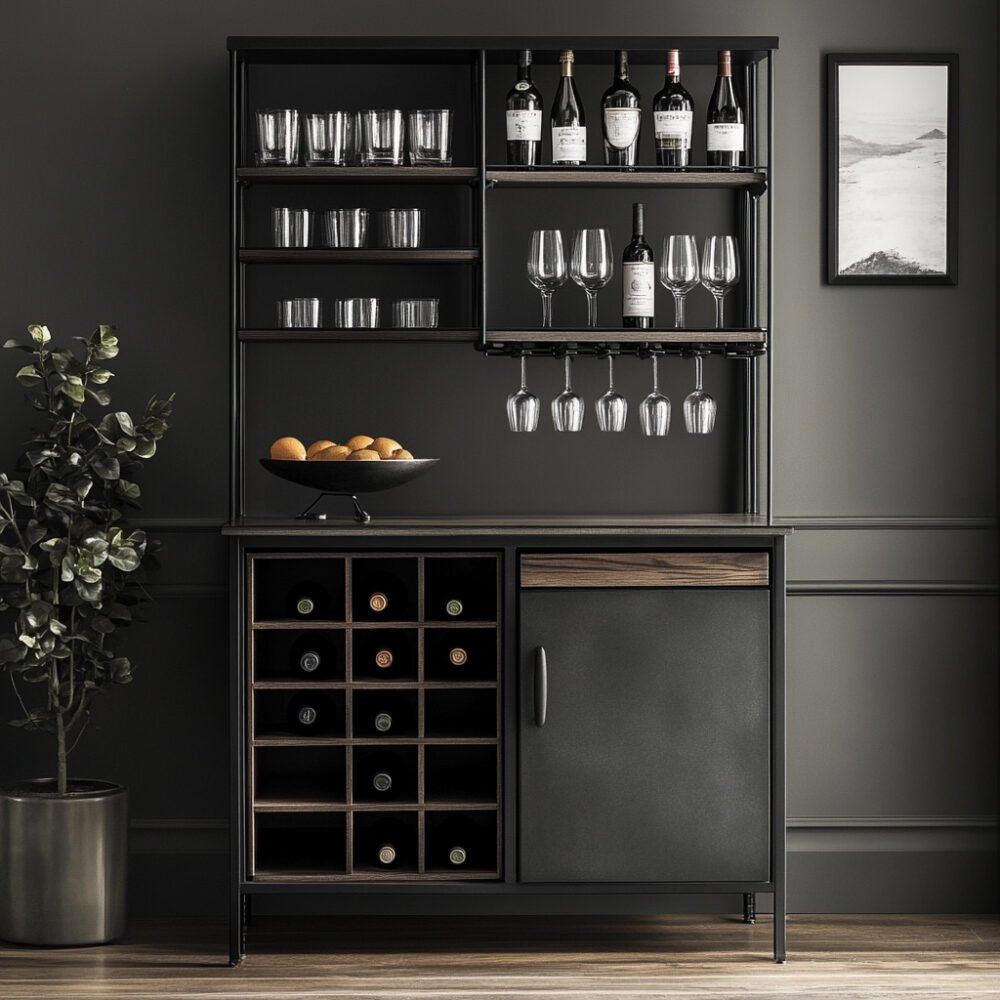 Industrial Home Bar Design with Black-Wood Finish