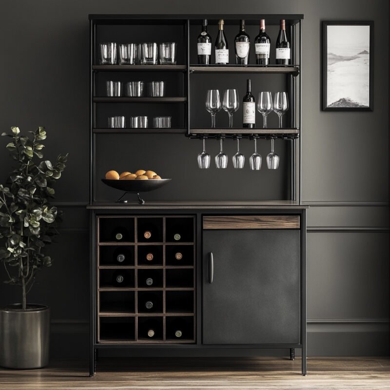 Industrial Home Bar Design with Black-Wood Finish