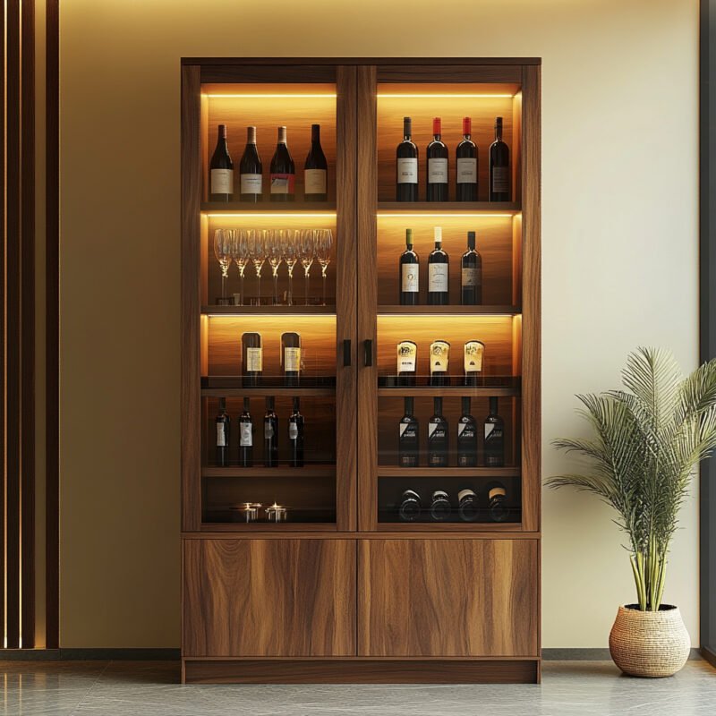 Classic Wood Home Bar Design with Glass Display and Bottom Storage
