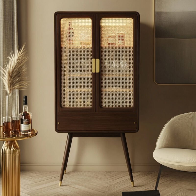 Rattan and Walnut Mid-century Modern Home Bar Design with Sliding Doors