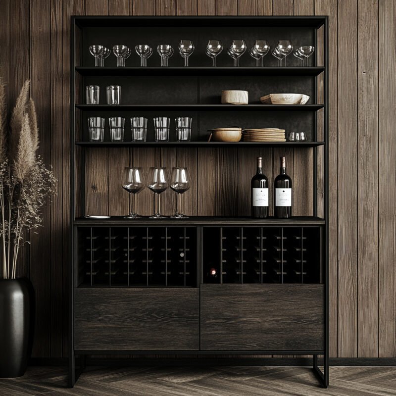 Matte Wood Modern Home Bar Design with Shelving and Enclosed Storage