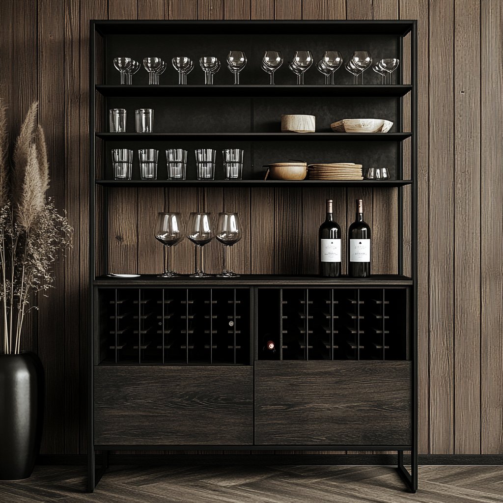 Matte Wood Modern Home Bar Design with Shelving and Enclosed Storage