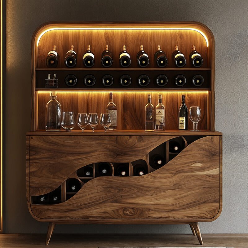 Glossy Modern Home Bar Design with Lighting and Bottle Compartments