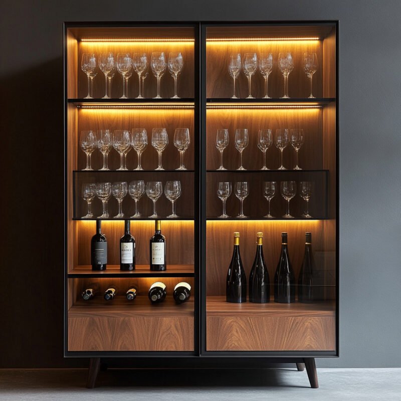 Modern Walnut Home Bar Design with Glass and Suede Finish