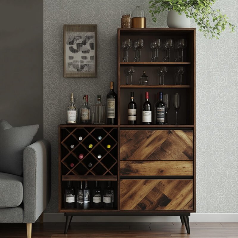 Rustic Home Bar Design with Wine Rack and Soft-Close Drawers