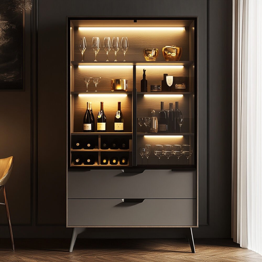 Modern Grey and Wood Home Bar Design with LED Lighting