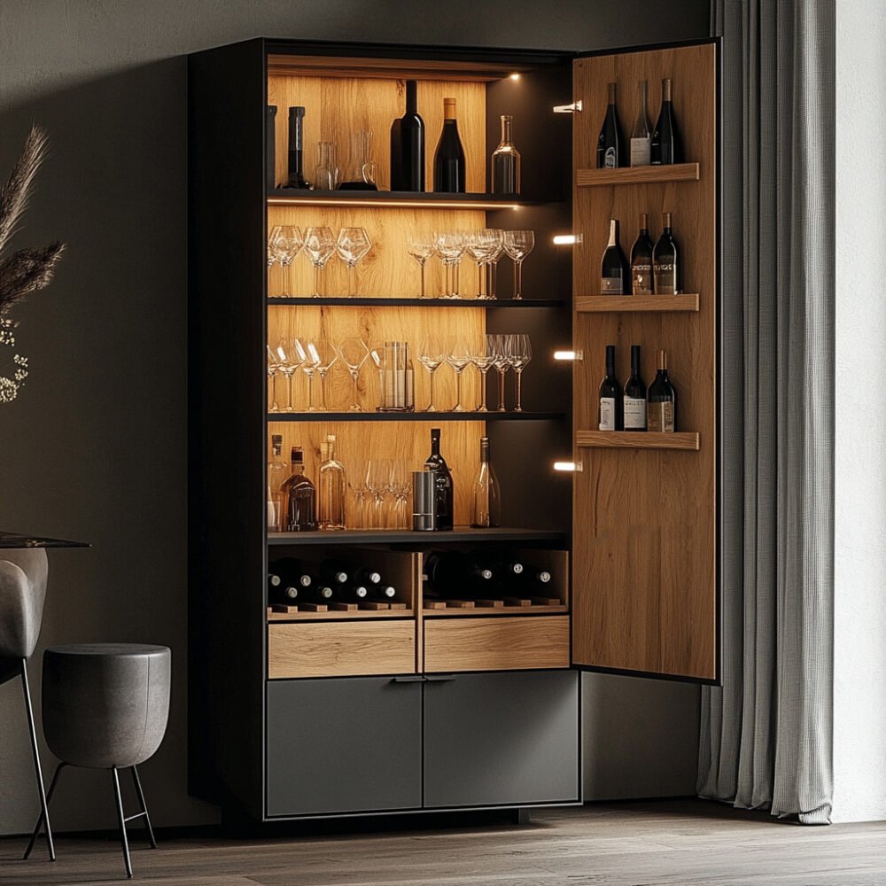 Modern Home Bar Design with Pull-Out Wooden Drawers