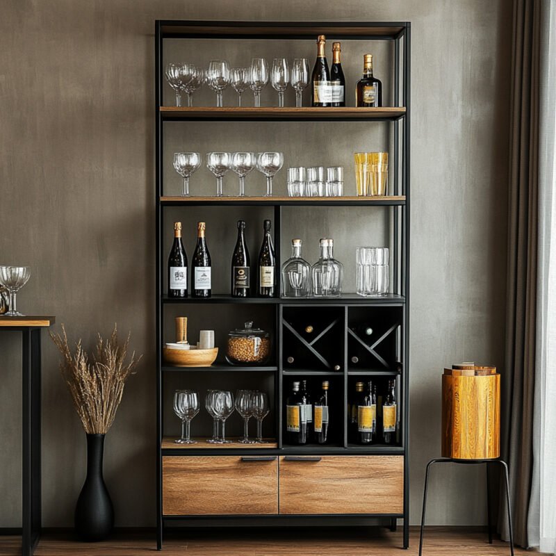 Industrial Home Bar Design with Vertical Frame and Storage