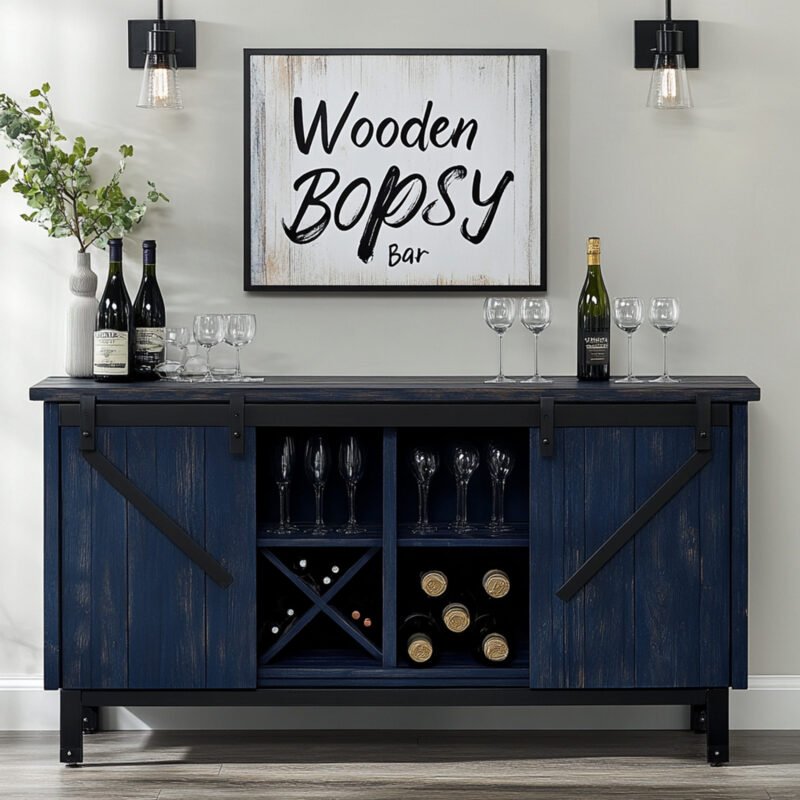 Navy Blue Rustic Bar Design with Barn-Style Shutter Storage