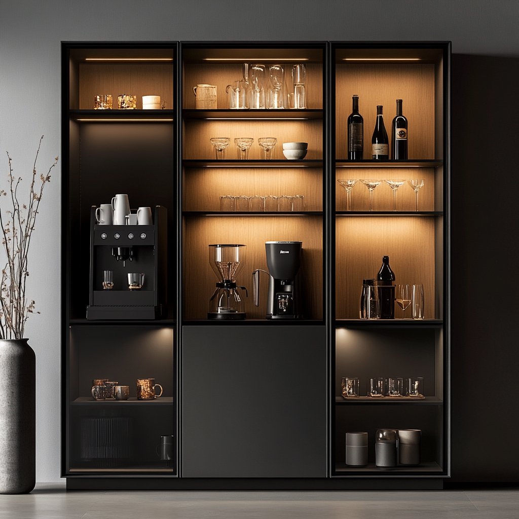 Modern Gothic Grey Home Bar Design with Soft Laminate and LED Storage