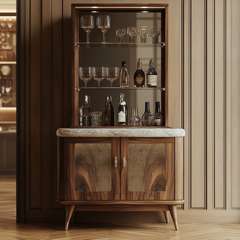 Mid-century Modern Home Bar Design with Glass Shelves
