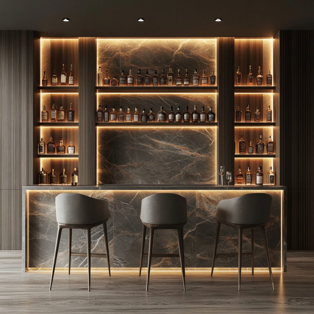 Rustic Home Bar Design with Open Shelving and Marble Countertop