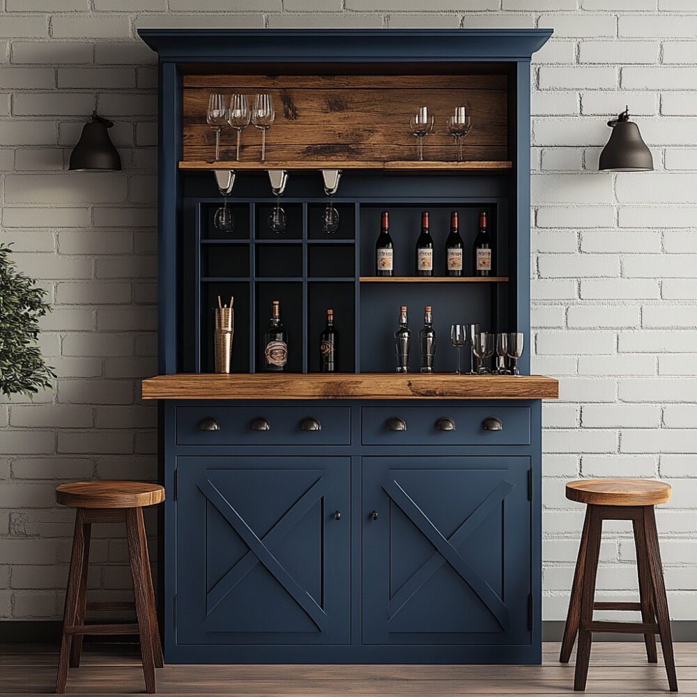 Navy Blue and Wood Rustic Home Bar Design with Built-in Stemware Holders