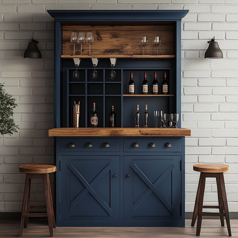 Navy Blue and Wood Rustic Home Bar Design with Built-in Stemware Holders