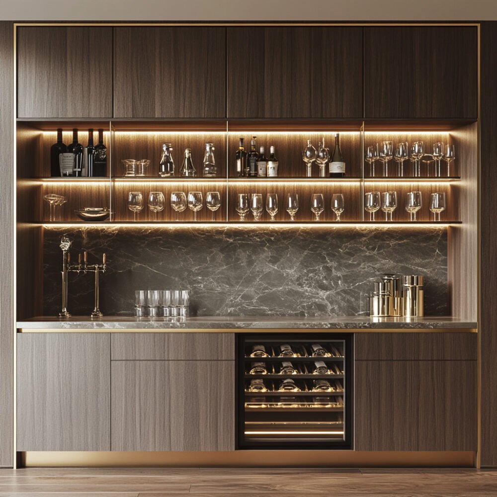 Contemporary Home Bar Design with Built-In Wine Fridge and LED Shelves