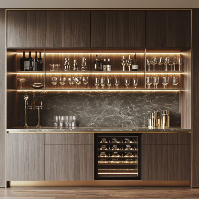 Contemporary Home Bar Design with Built-In Wine Fridge and LED Shelves