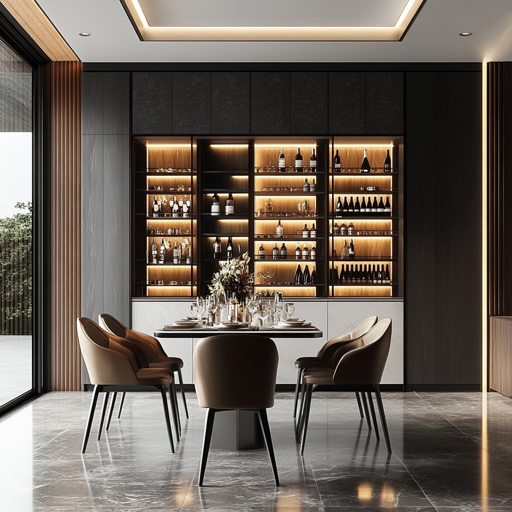 Modern Home Bar Design with LED Glass Shelves