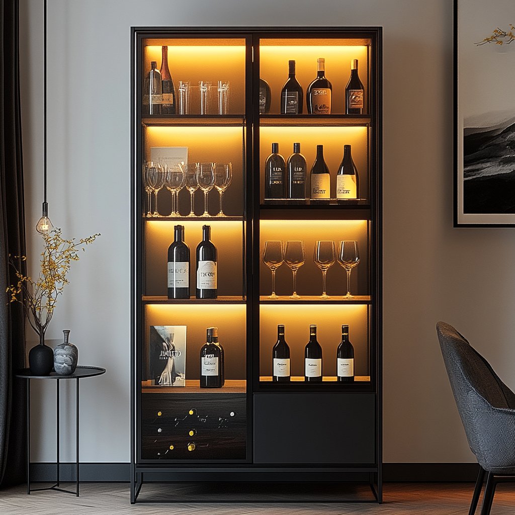 Contemporary Home Bar Design with Black and Dark Wood Tones