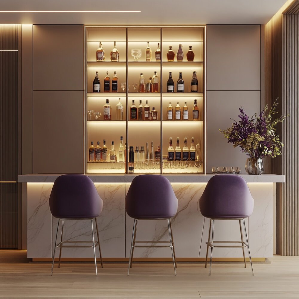 Modern Home Bar Design with Luxe Marble Counter and LED Shelving