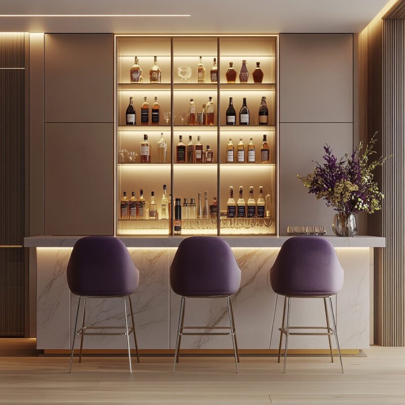 Modern Home Bar Design with Luxe Marble Counter and LED Shelving