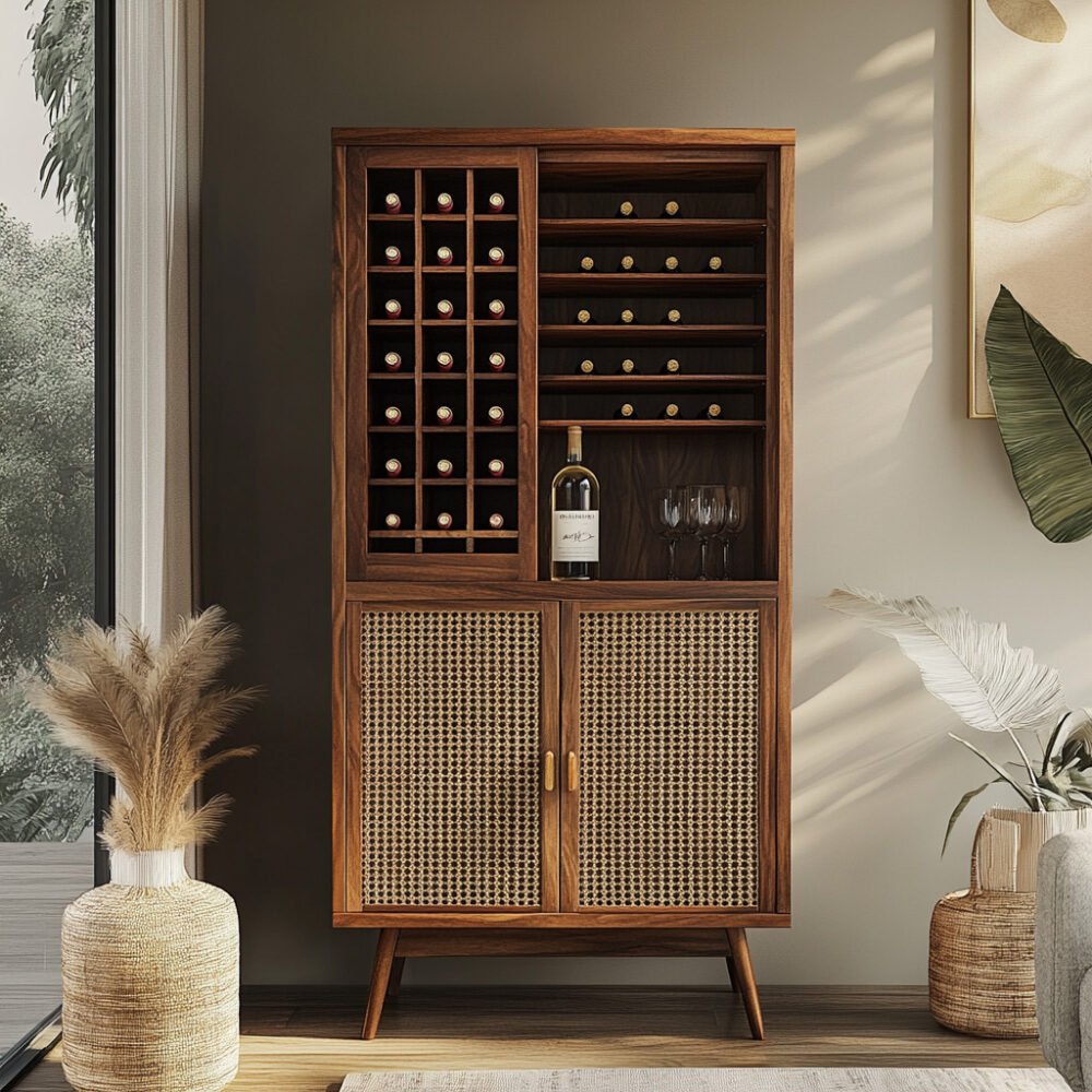 Mid-Century Modern Home Bar Design With Rattan and Wood Combo
