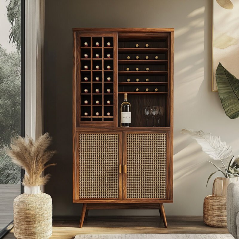 Mid-Century Modern Home Bar Design With Rattan and Wood Combo