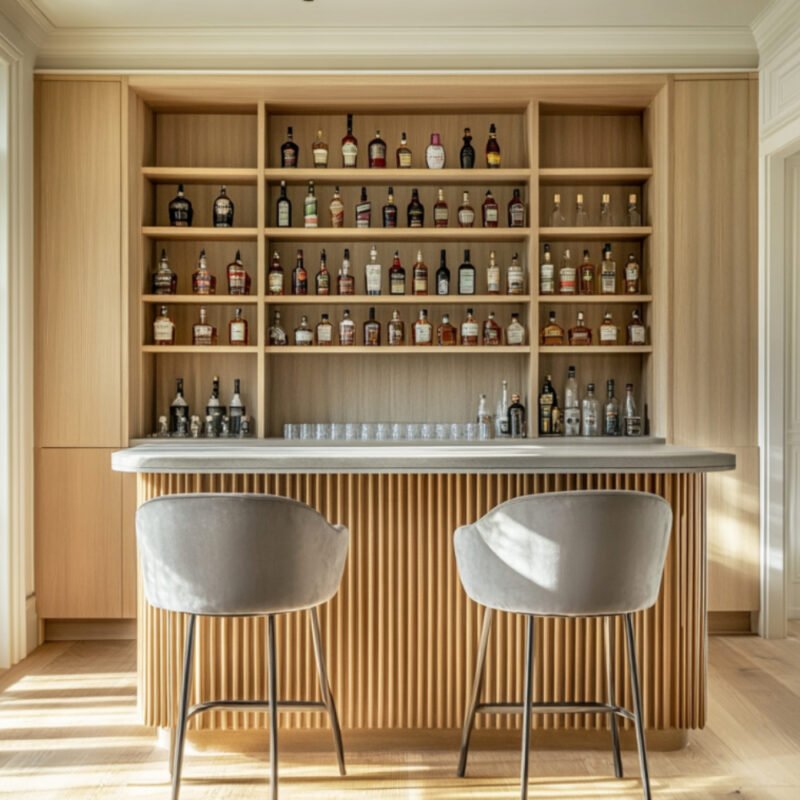 Contemporary Home Bar Design with Open Shelving and Hidden Storage