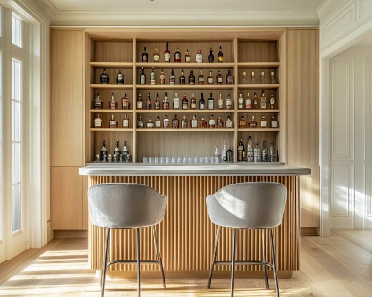 Contemporary Home Bar Design with Open Shelving and Hidden Storage