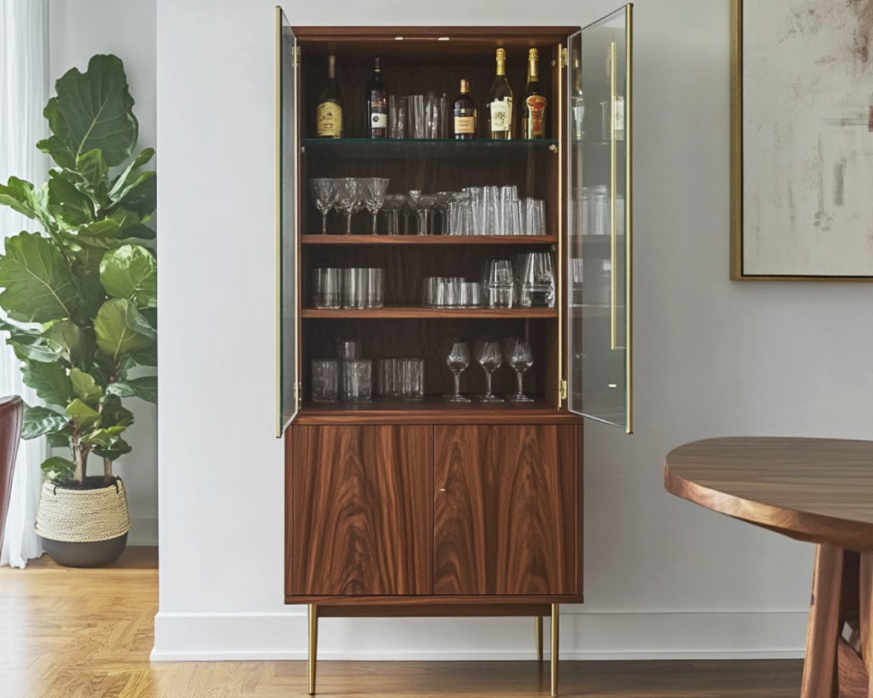 Contemporary Home Bar Design with Glass Doors Display Unit