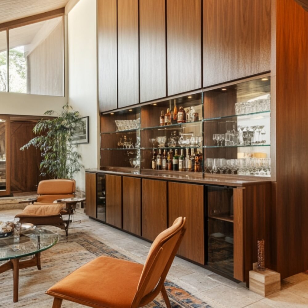 Walnut Bronze Contemporary Home Bar Design with Glass Shelving