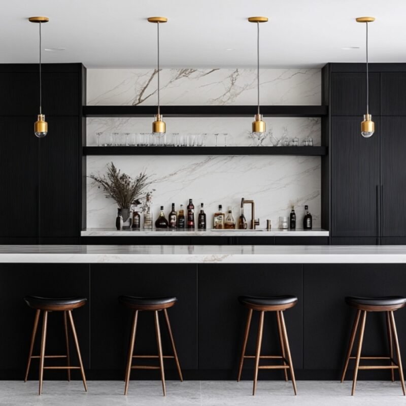Contemporary Slate Home Bar Design with Open Shelving
