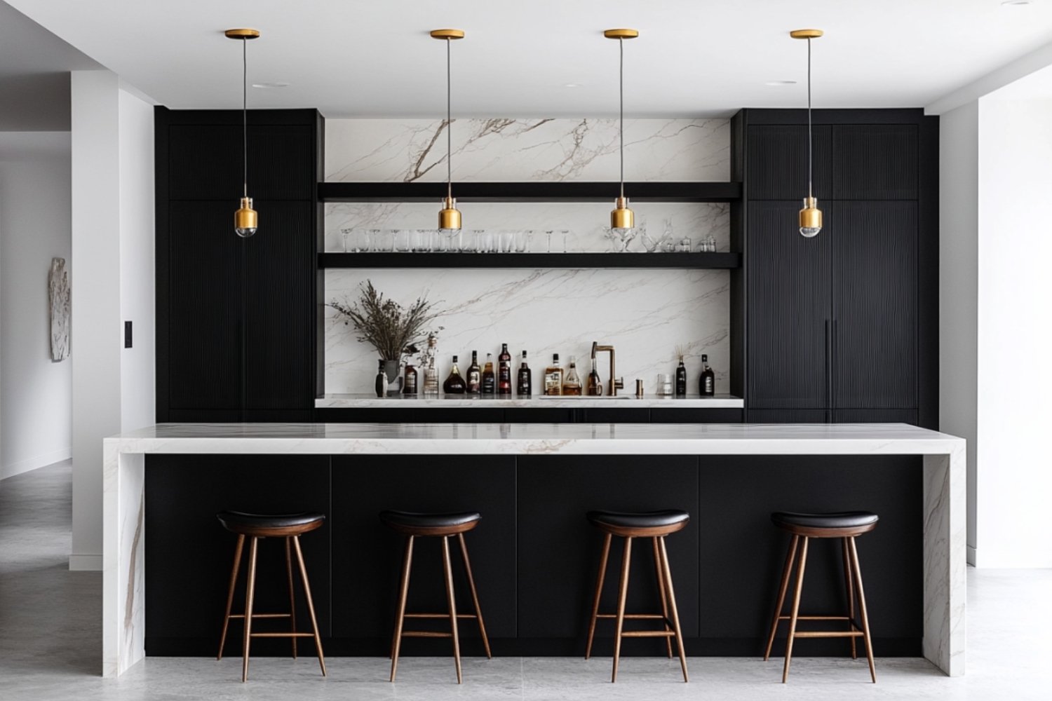 Contemporary Slate Home Bar Design with Open Shelving