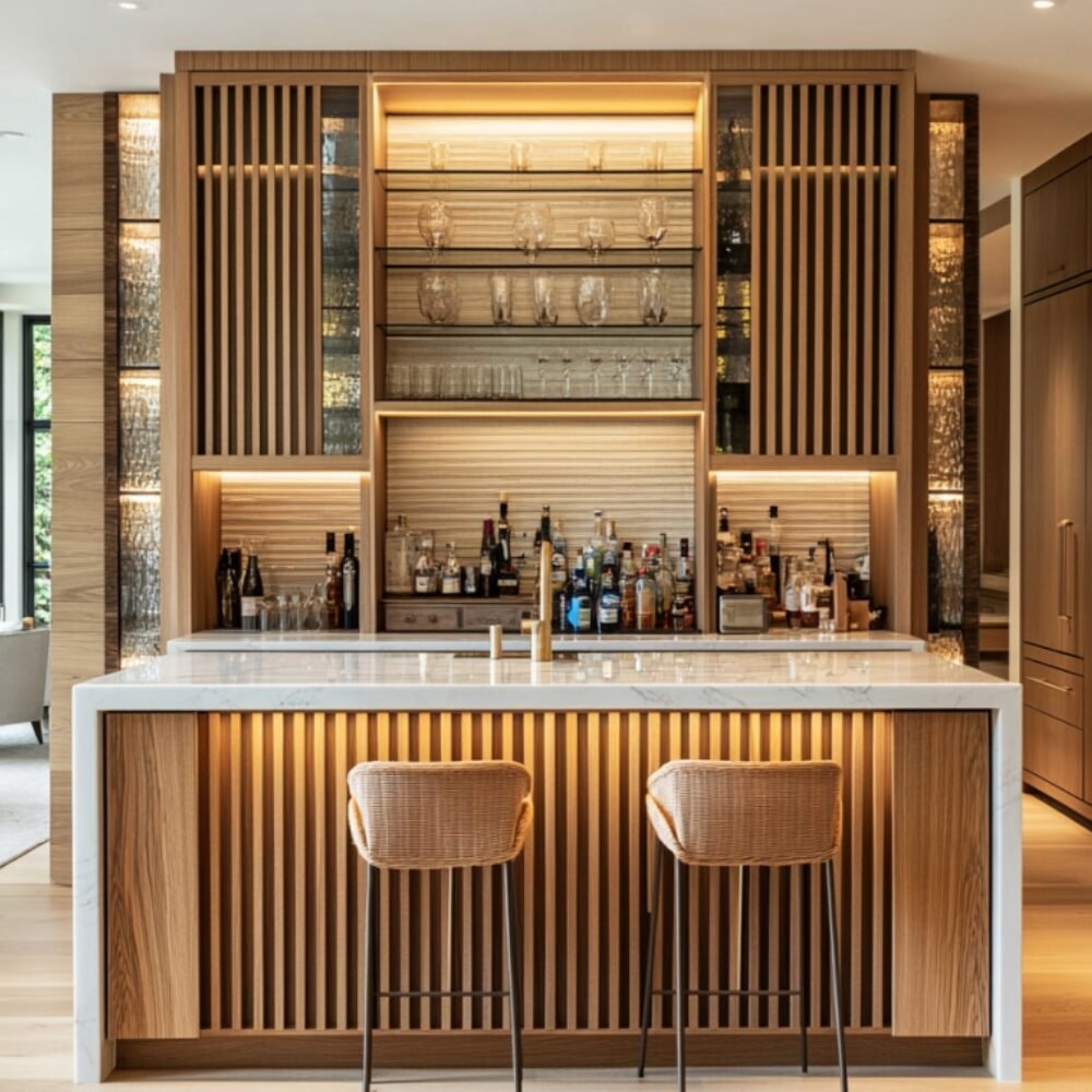 Contemporary Home Bar Design with Wood and Glass Shelving