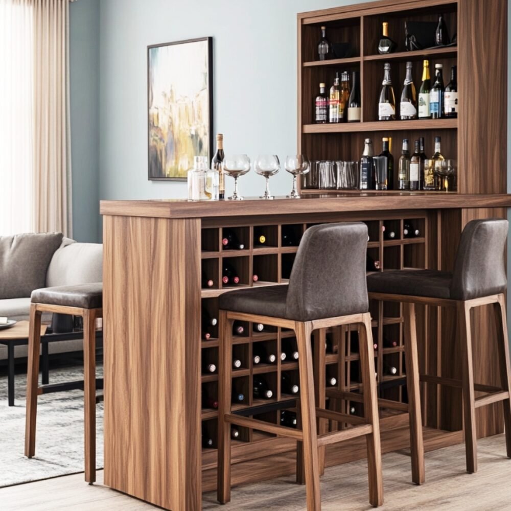 Modern Home Bar Design with Vertical Wine Rack and Custom Shelving