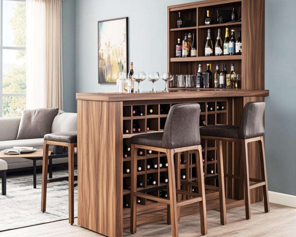 Modern Home Bar Design with Vertical Wine Rack and Custom Shelving