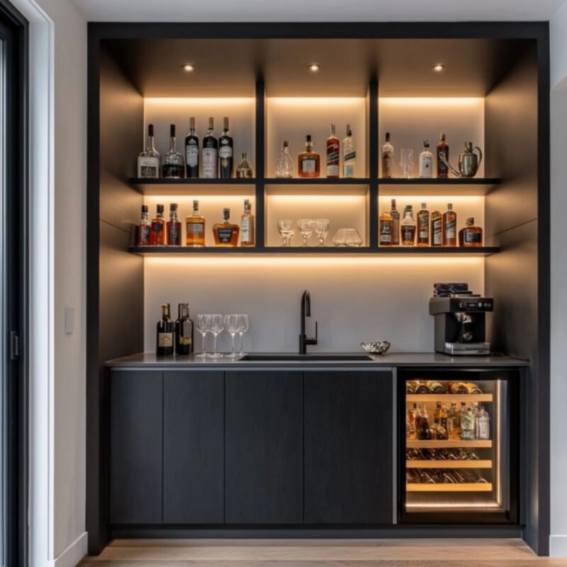 Modern Walnut Home Bar Design with Wine Cooler and Display Shelves