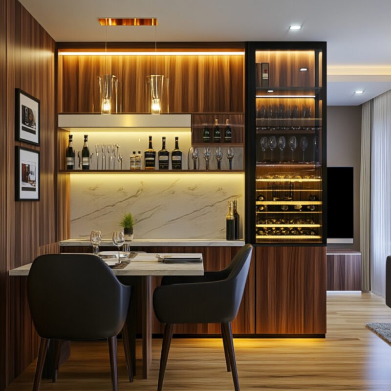 Modern Home Bar Design with Glass Cabinets