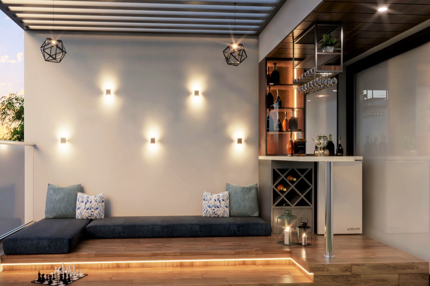 Space-Saving Balcony Bar with Built-In Wine Storage