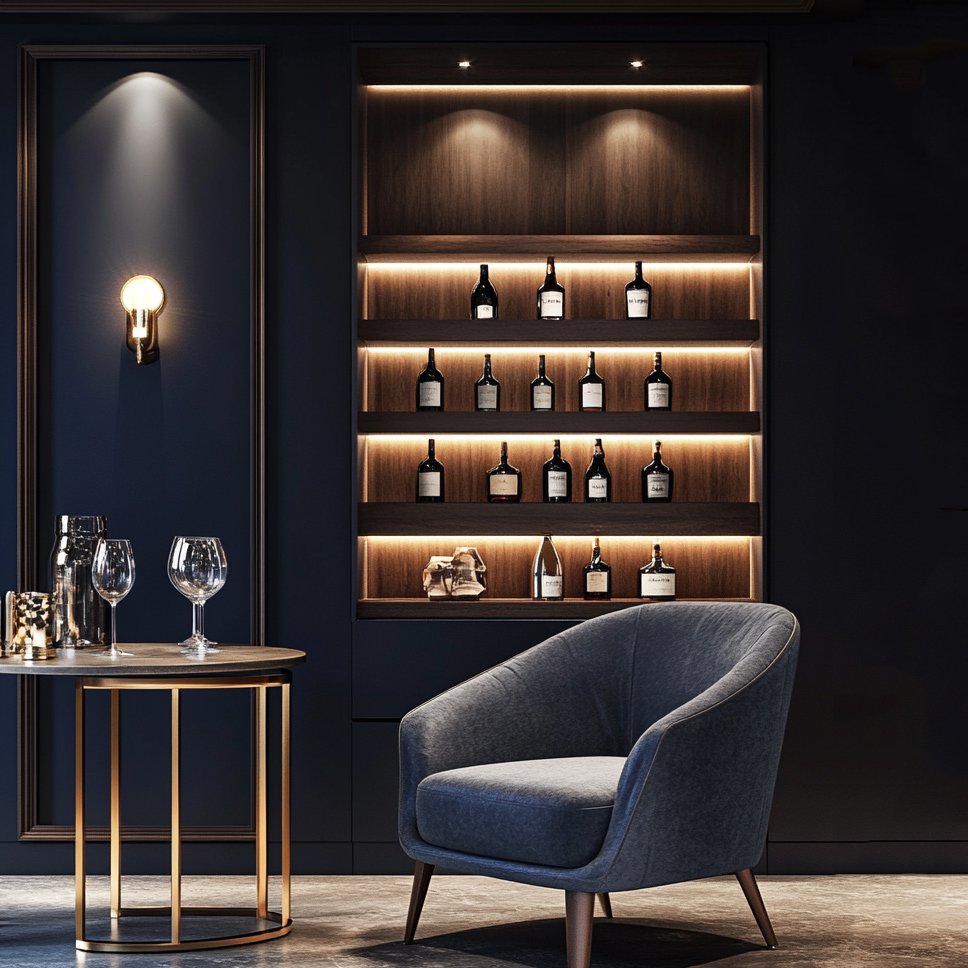 Classic Walnut Home Bar Design with Suede Laminate and LED Shelves