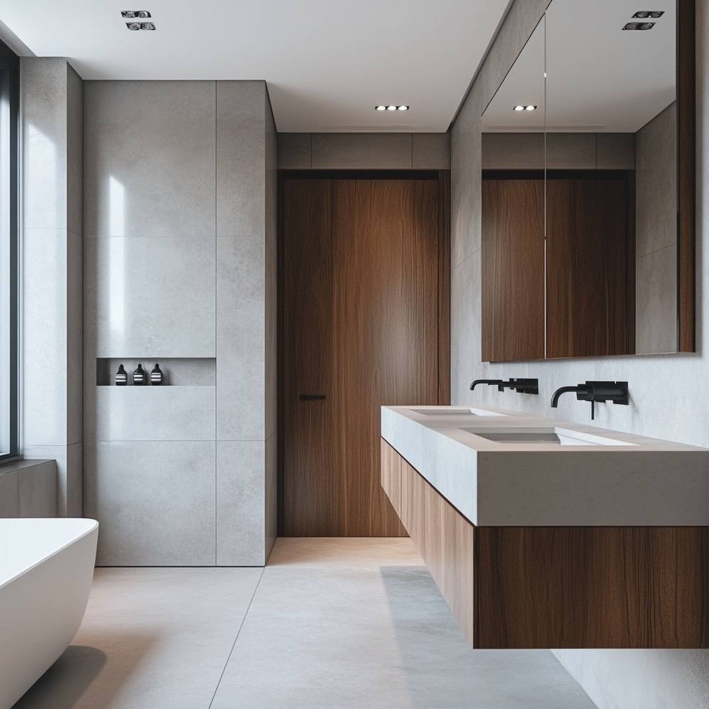 Modern Grey Bathroom Design with Floating Vanity and Matte Black Fixtures