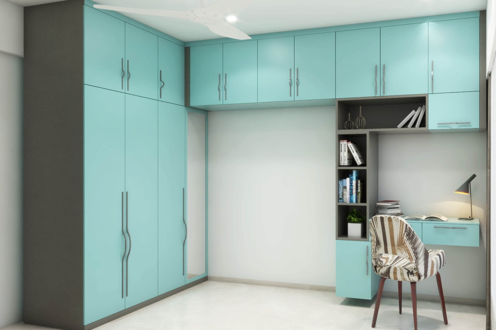 Modern Celestial Blue And Dove Grey Study Room Design With Loft Storage And Study Table