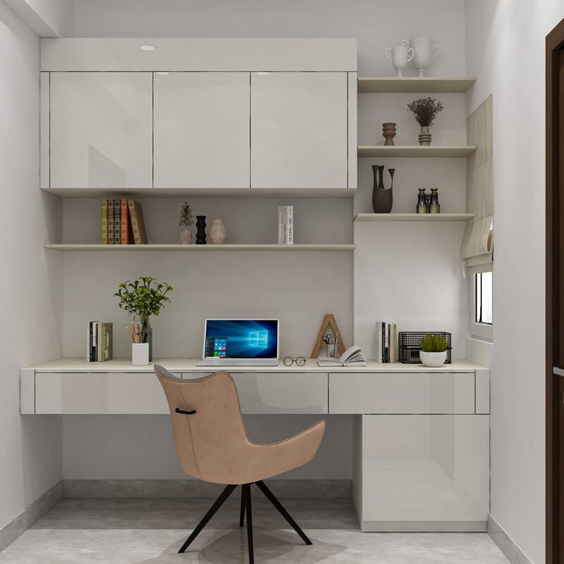 Minimal Home Office Design in White and Acacia Tones
